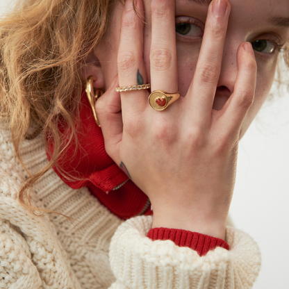 model wearing gold eternity ring and the 
