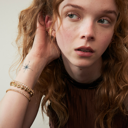 model wearing tennis bracelets including the 4mm crystal quartz tennis bracelet 