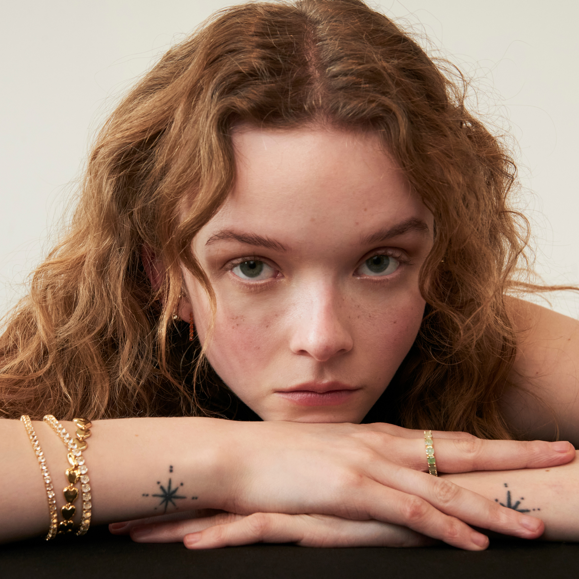 model wearing tennis bracelets and ring including the 4mm crystal quartz tennis bracelet