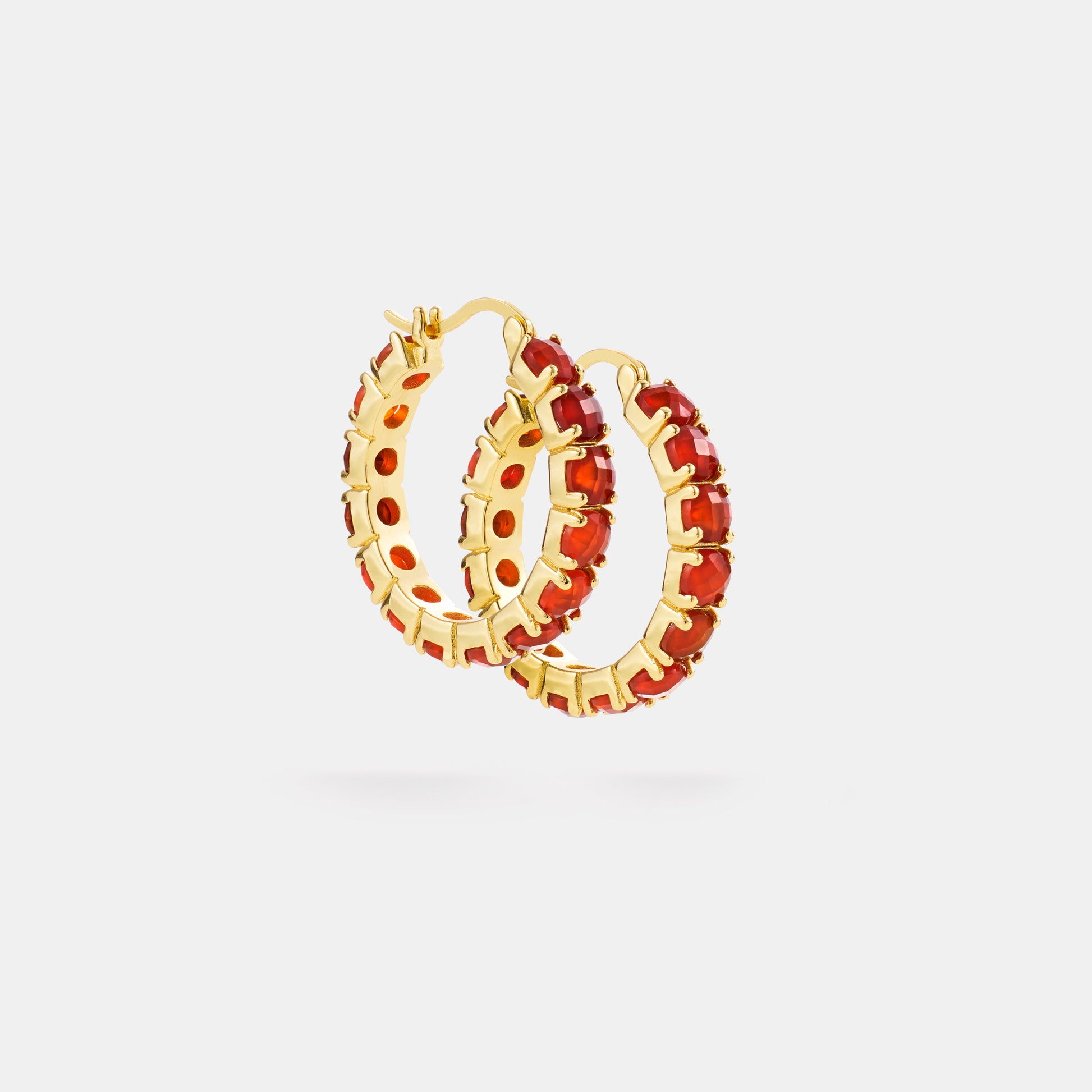25mm carnelian hoop earrings on white background