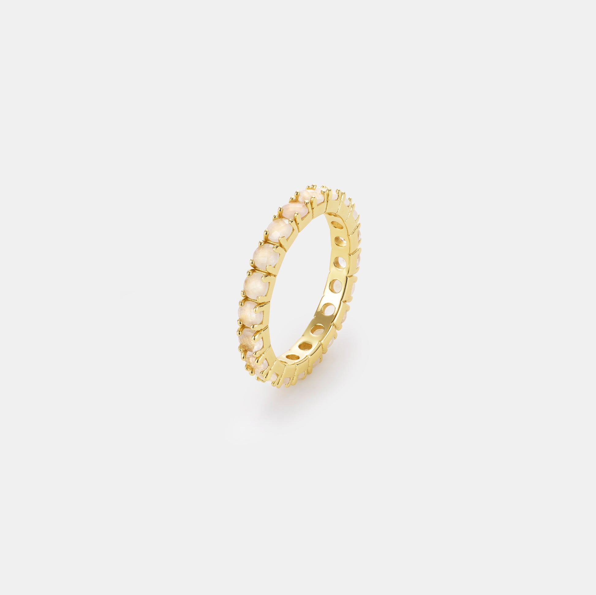 3mm rose quartz eternity band ring on white background